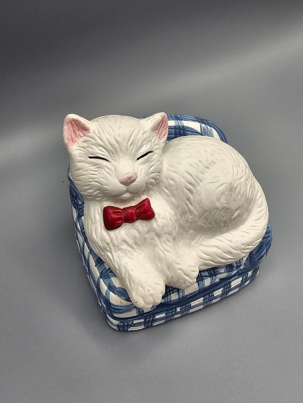Vintage Ceramic Cat on Blue Plaid Chair Salt and Pepper Shaker Set